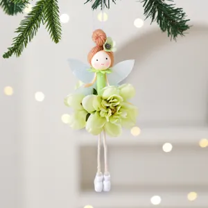 Detailed view of a cute fairy hanging ornament with flower dress and wings, perfect for tree decor.