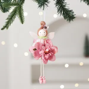 Detailed view of hanging fairy doll ornament with pink artificial flower for home and party decor.