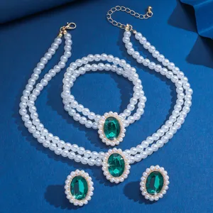 Elegante collana perle finte cristallo verde bracciale orecchini set di gioielli da donna