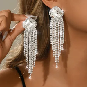 Eleganti orecchini lunghi con frange di strass, brillanti orecchini di cristallo da sposa per donna.