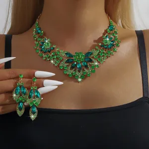 Meraviglioso set di collana e orecchini con strass verdi, elegante gioiello da sposa.