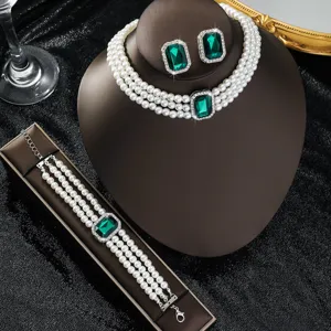 Set di gioielli con perle sintetiche e cristallo verde elegante collana bracciale orecchini