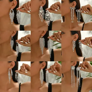 Lussuosi Orecchini a Nappa in Strass in Lega per Donna Orecchini Pendenti Lunghi Geometrici Esagerati Gioielli in Argento per Banchetti Nuziali