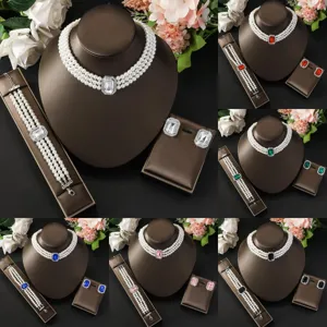 Set di Gioielli in Perle Artificiali Multistrato Lusso Leggero Francese per Donna Collana Bracciale Orecchini in Lega con Strass e Pietre Rettangolari Accessori da Festa