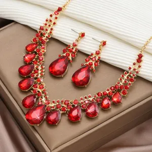 Set di collana e orecchini in cristallo rosso vintage europeo gioielli di moda per donna