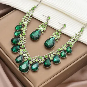 Set collana e orecchini in cristallo verde, eleganti gioielli con strass a goccia per donne.