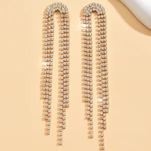 Eleganti orecchini lunghi con frange di strass dorati, design scintillante con nappe per donne.