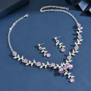 Set collana e orecchini di vite di cristallo nuziale gioiello floreale viola dettagliato