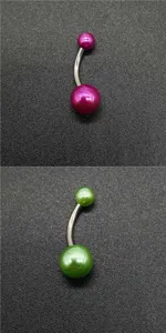 Stainless steel navel ring with colorful acrylic pearl beads, body piercing jewelry.