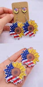 Independence Day wooden sunflower earrings and studs set, American flag patriotic style.