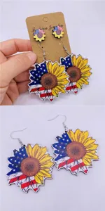 Independence Day wooden earrings featuring American flag sunflower design for women fashion jewelry.