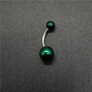 Detail shot of a dark green acrylic ball stainless steel belly button ring navel piercing jewelry.