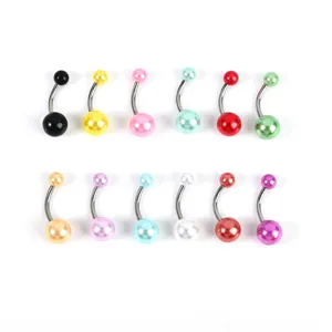 Stainless steel belly button rings with colorful acrylic pearl balls, body piercing jewelry.