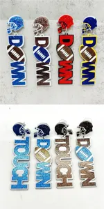 Acrylic American football dangling earrings featuring vibrant glitter DOWN and TOUCH lettering.
