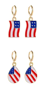 Detailed close-up view of US flag enamel drop earrings featuring gold alloy finish.
