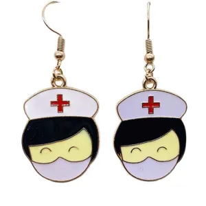 Cute cartoon nurse enamel dangle earrings with red cross cap, stylish gold alloy jewelry for women.