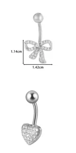 Edelstahl Bauchnabelring mit AAA Zirkon Schleife und Herz Anhänger Piercing Schmuck Details