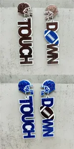 Acrylic football dangle earrings with Touchdown letters, glitter finish fashion jewelry.