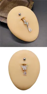 Edelstahl Bauchnabelring mit glitzerndem Zirkon Schmetterling und Tropfenanhänger Körperpiercing.