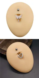 Edelstahl Bauchnabelpiercing mit AAA Zirkon Schmetterling und Herz Anhänger für Damen.