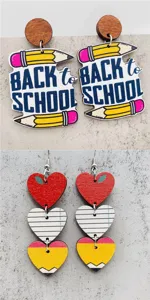Wooden back to school earrings teacher theme cute pencil heart drop earrings for women.