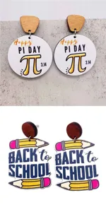 Close-up detail of creative wooden earrings featuring Pi Day and Back to School themes.