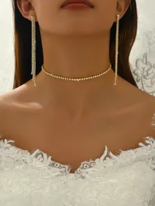 Sparkling rhinestone choker necklace and long tassel earrings set for women party jewelry.