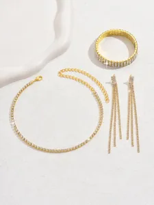 Gold rhinestone jewelry set featuring a sparkling choker necklace, bracelet, and tassel earrings.