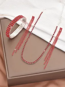 Red rhinestone jewelry set, choker necklace bracelet earrings, fashion accessories details
