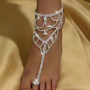 Fashion Alloy Rhinestone Toe Ring Anklet For Women Boho Multi-Layer Geometric Heart Chain Beach Vacation Foot Jewelry
