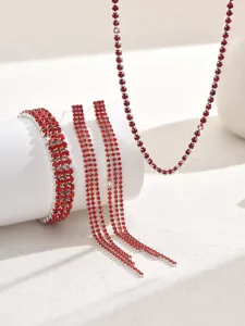 Exquisite red rhinestone claw chain jewelry set featuring necklace, bracelet and tassel earrings.