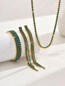 Exquisite green rhinestone jewelry set featuring necklace, bracelet and long earrings.