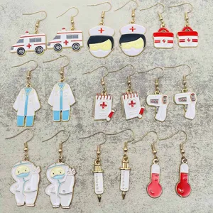 Cartoon Nurse Day Alloy Enamel Drop Earrings Medical Ambulance Syringe Uniform Theme Dangle Earrings For Women Jewelry Gift