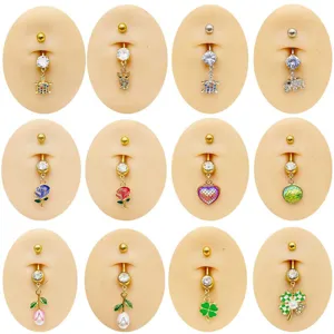 Anillo de Ombligo de Acero Inoxidable Diamante de Imitación Flor Trébol Colgante Piercing Ombligo Joyería Corporal Mujer Fiesta Regalo
