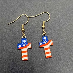 American Independence Day flag cross drop earrings, stylish alloy hook earrings for daily wear.