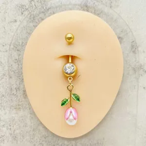 Piercing de ombligo de acero inoxidable con circonita hoja verde colgante de tulipán