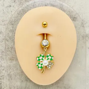 Piercing para ombligo de acero inoxidable con colgante de trébol a cuadros verde blanco