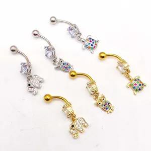 Piercing para ombligo de acero inoxidable con colgantes de animales de circonita de colores.