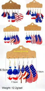Independence day tassel wooden earrings set detail view with red white and blue elements.