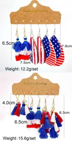 Independence Day red white blue tassel earrings set with American flag wooden teardrop design for women fashion