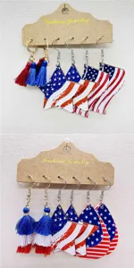 Independence Day wooden fringe earrings set red white and blue patriotic jewelry detail view