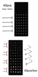 Stainless steel nose stud box set, 40/60pcs assorted sizes 1.5-3mm straight and L bend.