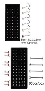 Stainless steel boxed nose stud ring 60pcs hook straight 1.5 2.0 2.5 3.0mm body piercing detail