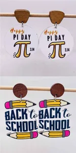 Wooden earring set featuring Pi day math symbols and back to school pencil designs for teachers.
