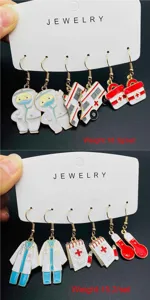 Cross-border medical theme alloy dangle earrings set featuring nurse, ambulance and thermometer.