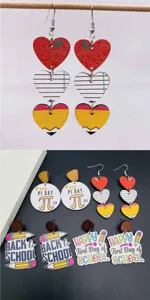 Detail shot of back-to-school wooden earrings featuring cute pencils and teacher themes.