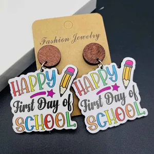 Back to School Wooden Earrings Teacher Gift Graduation Season Pencil Print Jewelry Set