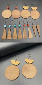 Vintage geometric wooden earrings detail close up with turquoise and bead charms for women.