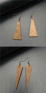 Wooden triangle dangle earrings vintage bronze hook drop earrings close-up detail view.