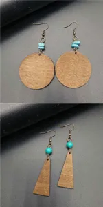 Bohemian vintage wooden earrings set with turquoise beads and antique bronze hooks.